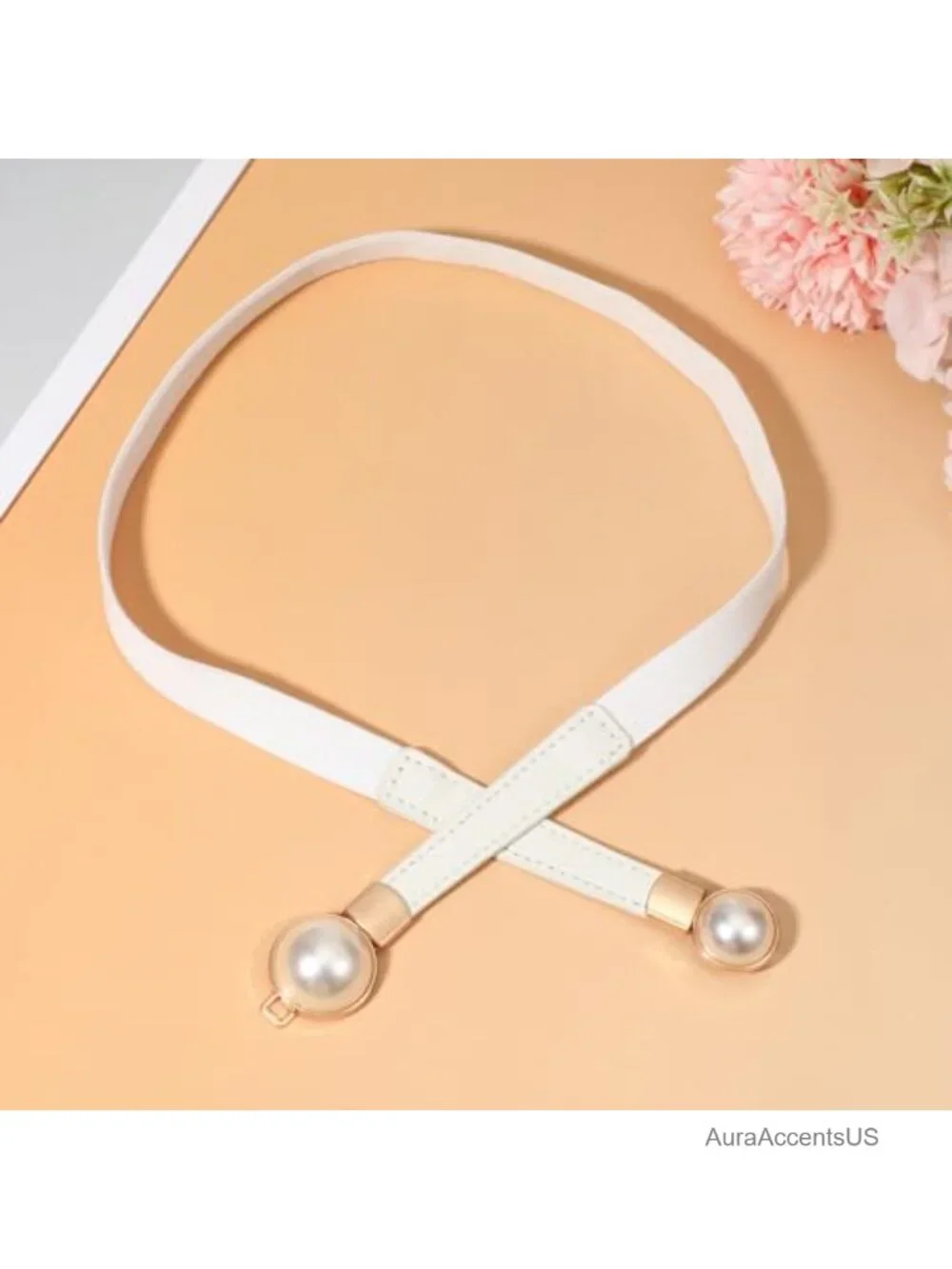 Skinny Stretchy Waist Belt with Pearl Buckle PU Leather